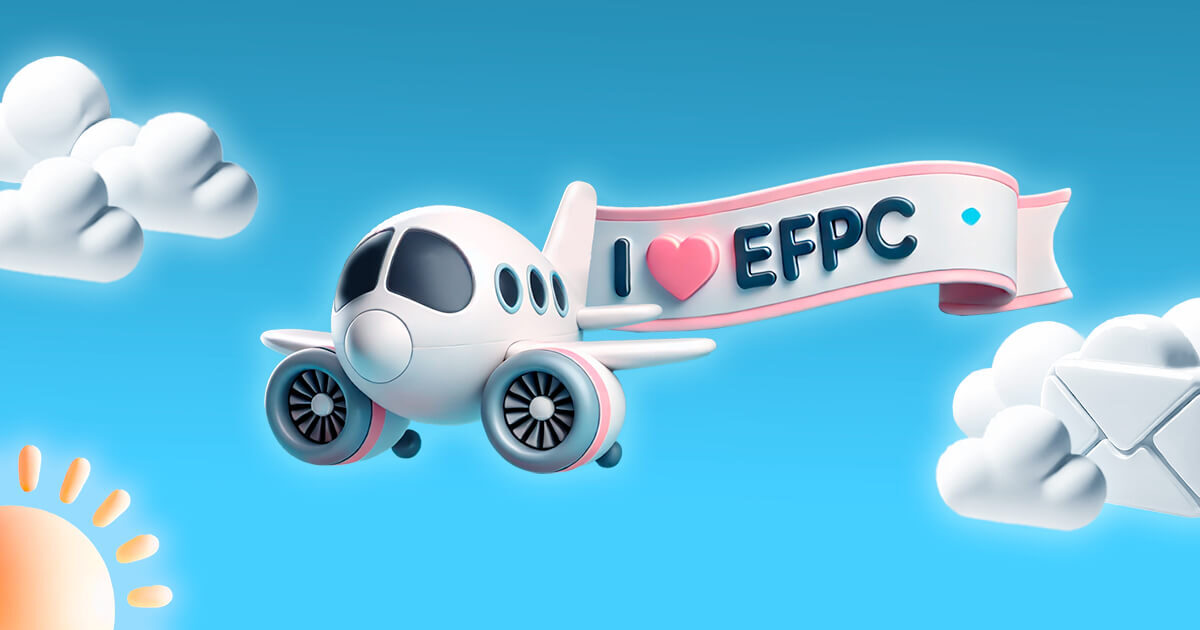 Ilustração de um avião fofo em estilo 3D puxando uma faixa com a mensagem 'I ❤️ EFPC'. O céu azul de fundo é decorado com nuvens macias e um sol estilizado, transmitindo uma sensação de leveza e confiança.