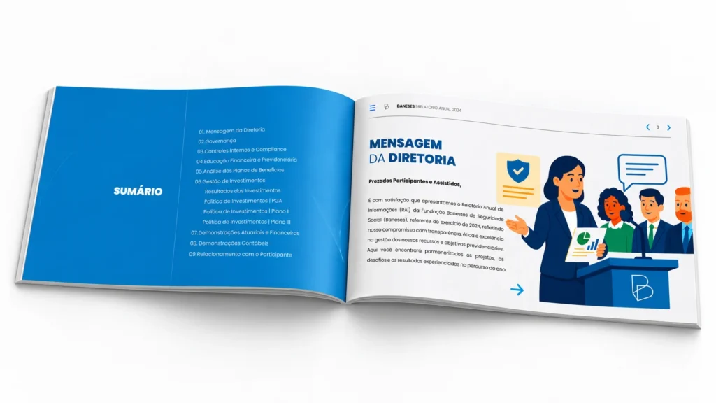 RAI 2025 da Baneses fechado, com a capa geométrica em tons de azul e o título Relatório Anual 2025.