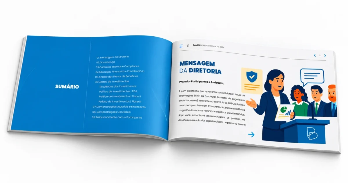 RAI 2025 da Baneses fechado, com a capa geométrica em tons de azul e o título Relatório Anual 2025.