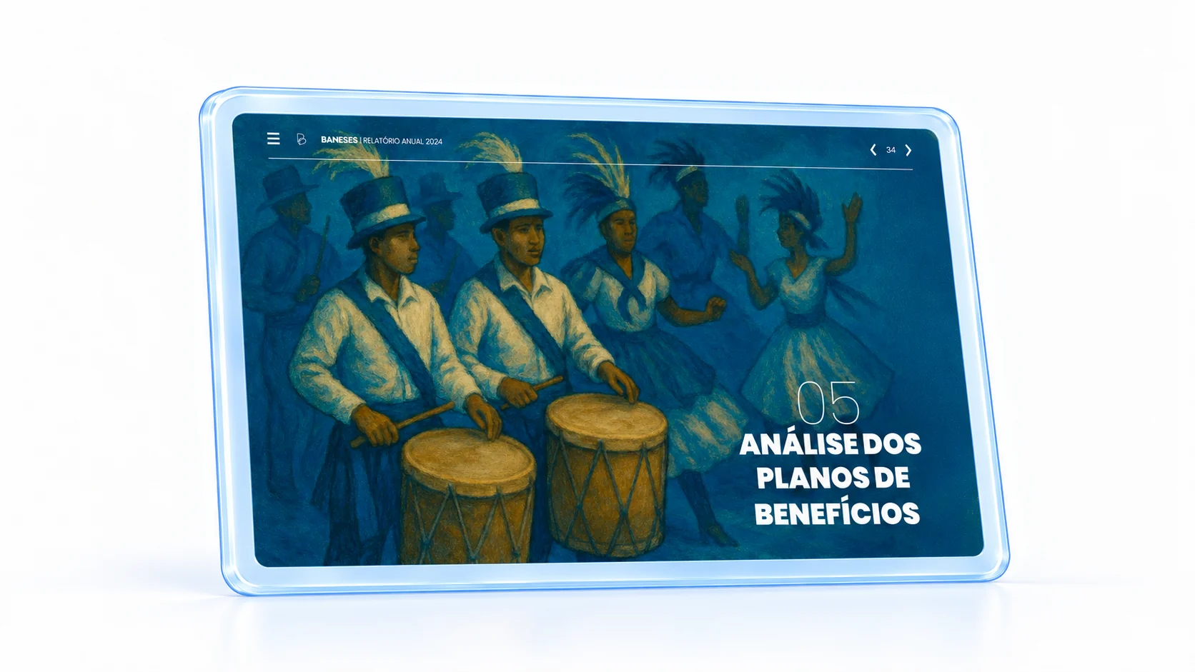 Abertura do capítulo Análise dos Planos de Benefícios do RAI 2024 em um tablet, com uma pintura de uma manifestação cultural capixaba.