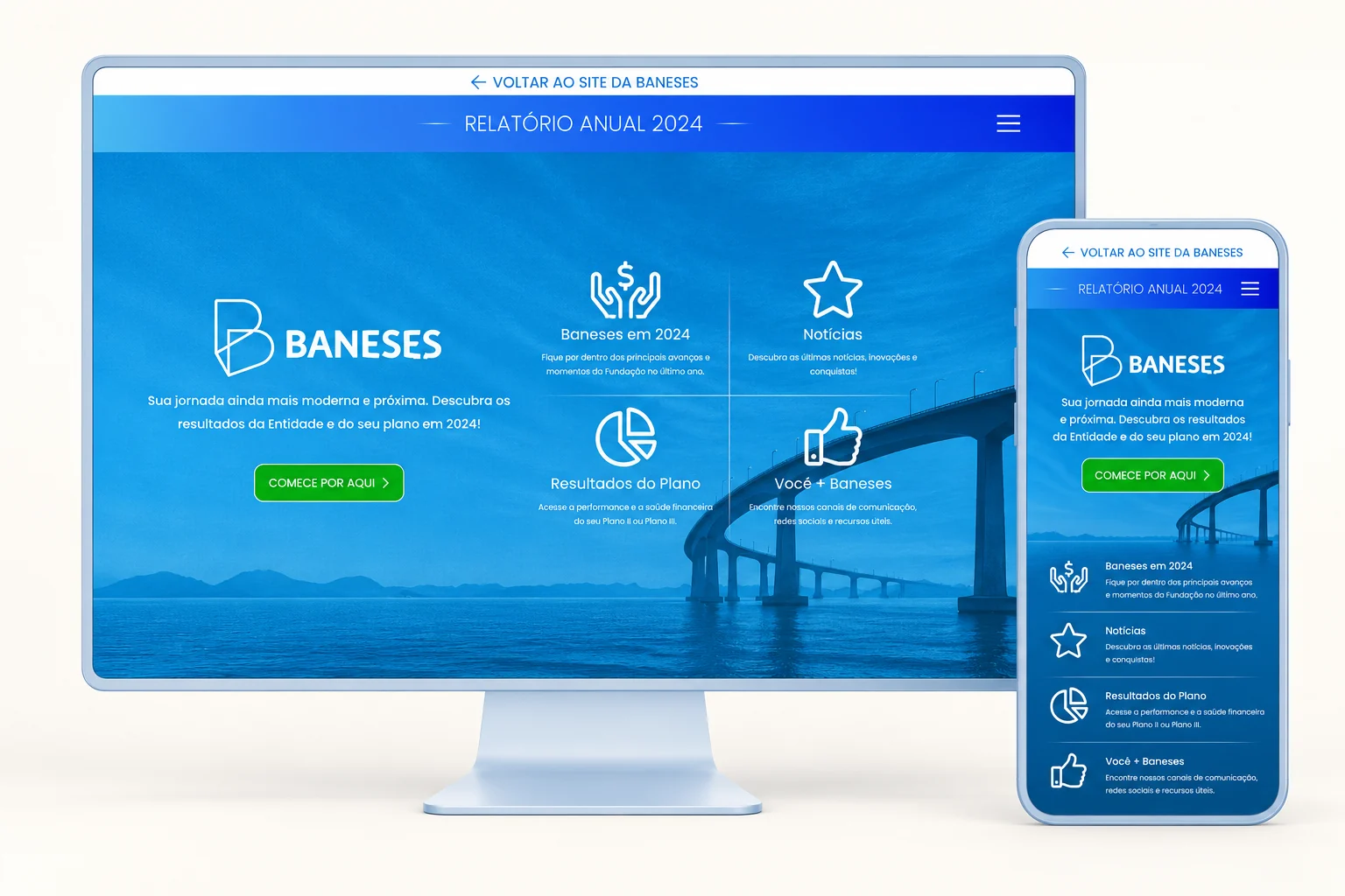 WebRAI 2024 da Baneses no computador e no celular: abertura com a ponte sobre o mar e os quatro acessos temáticos.