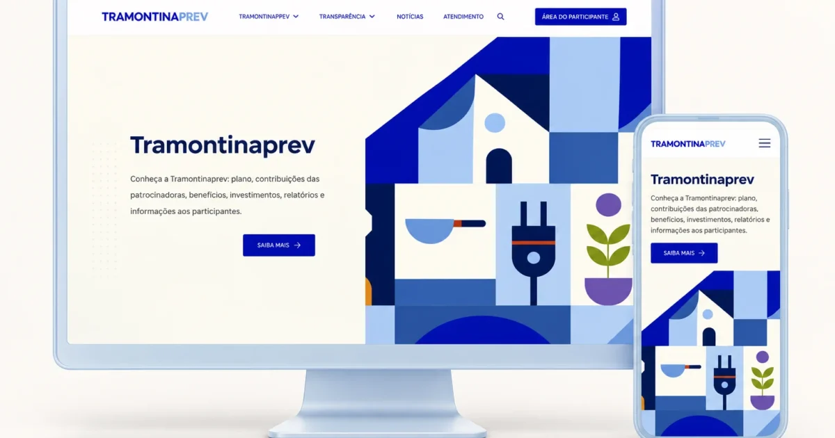 Página inicial do site da Tramontinaprev no computador e no celular: o nome da Entidade ao lado de um mosaico geométrico azul e marfim.