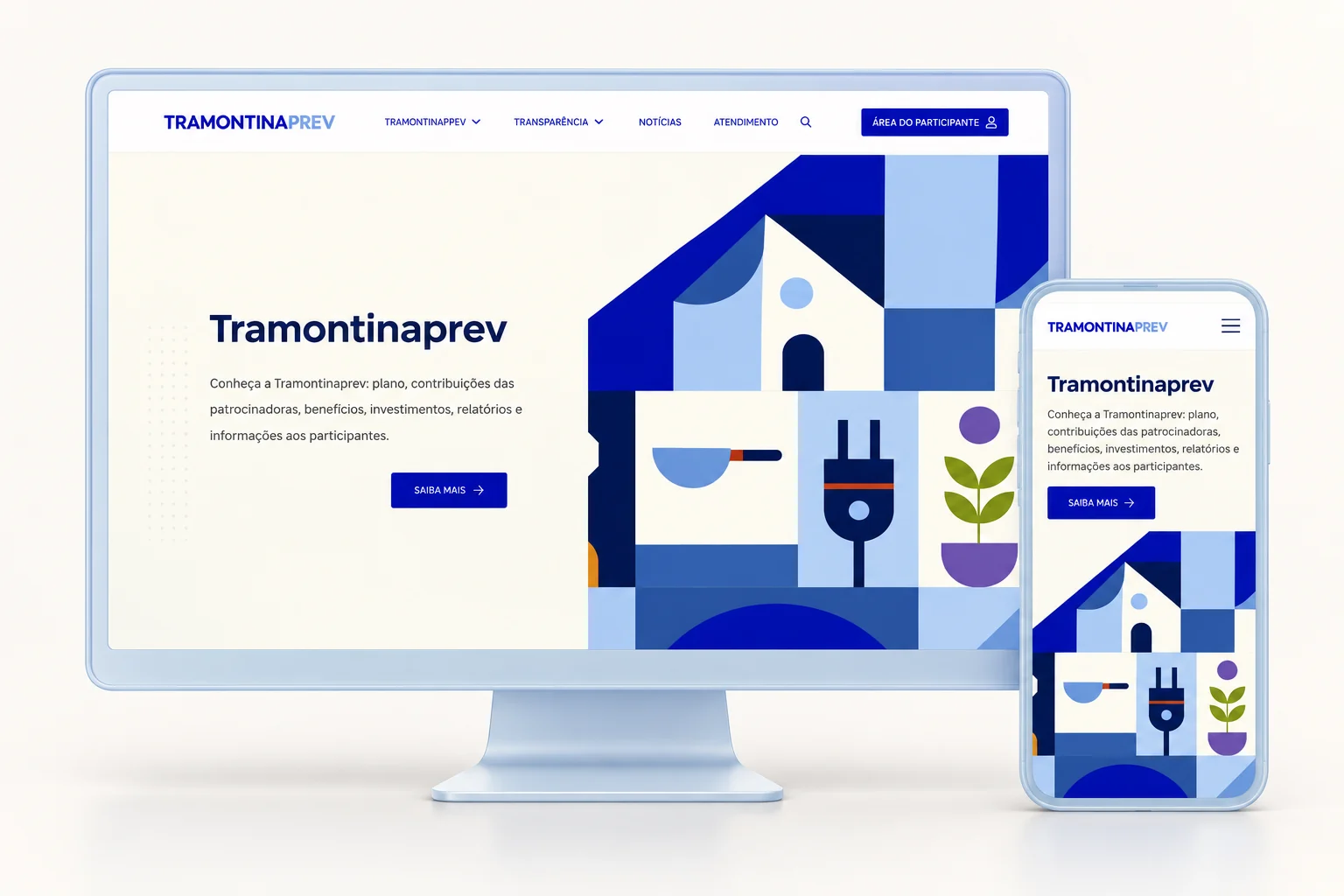 Página inicial do site da Tramontinaprev no computador e no celular: o nome da Entidade ao lado de um mosaico geométrico azul e marfim.
